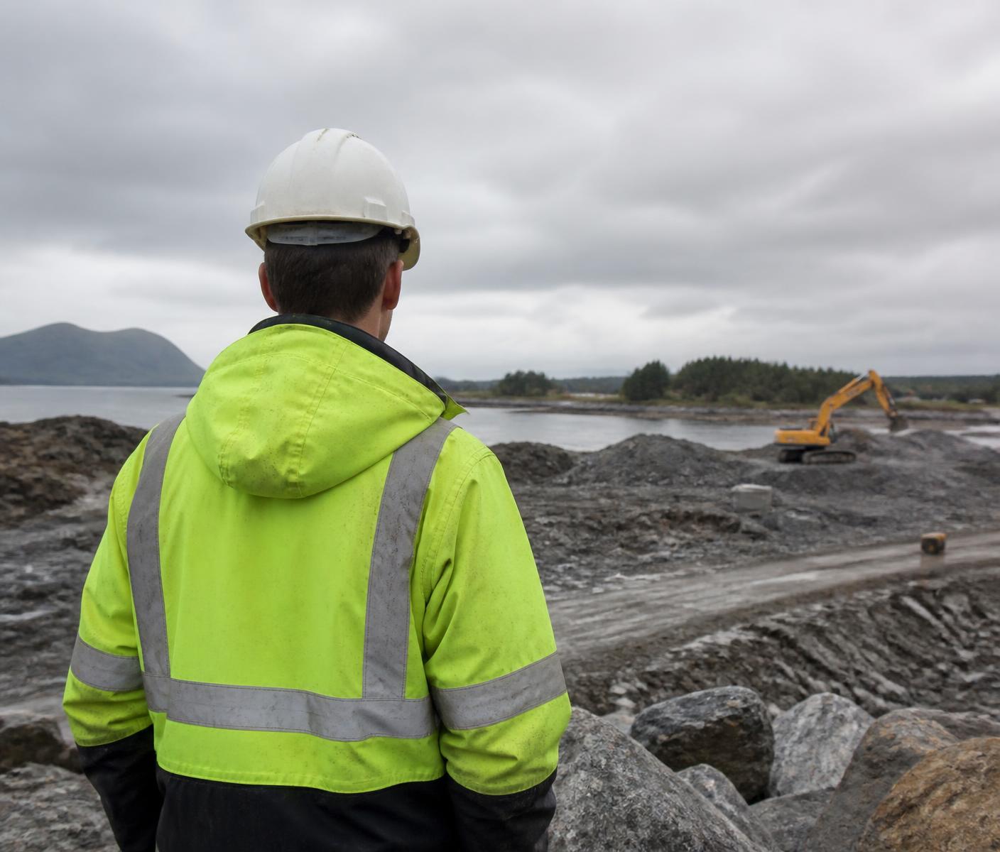 Illustrasjonsbilde: anleggsarbeider i vernetøy ser utover et grunnarbeidsområde.